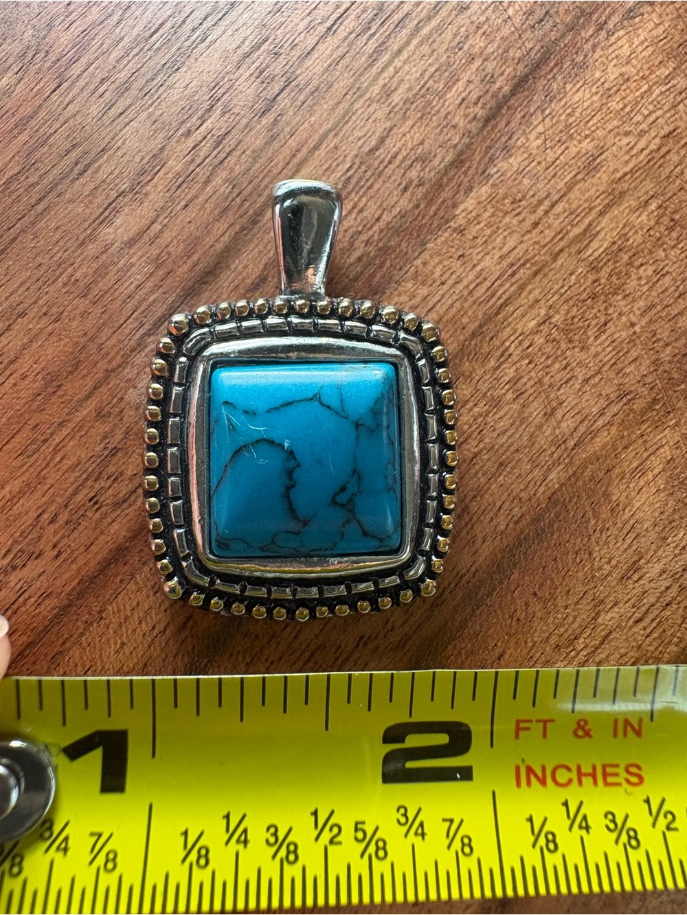 Turquoise Square Statement Pendant in a Silver and Gold Tone Setting - Picture 5 of 7
